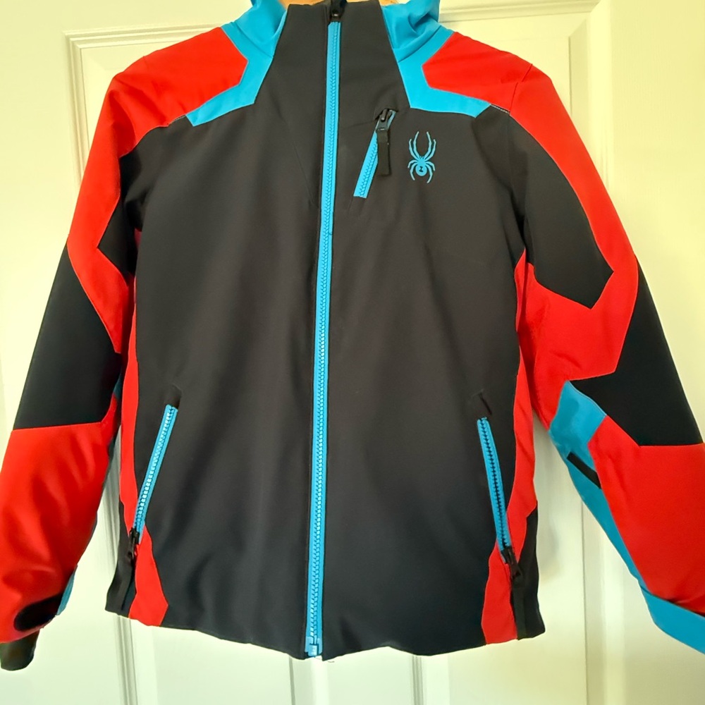 Spyder Kids' Black and Red Puffer Jacket with Blue Accents